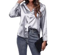 Casual Shirts for Women Satin Shirts for Women Fashionable Satin Silk Shirts with Buttons Vintage Lapels Long Sleeves Loose Street Shirts for Women Elegant Business Party ( Color : Gray , Size : S )