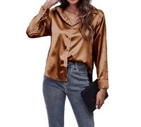 Casual Shirts for Women Satin Shirts for Women Fashionable Satin Silk Shirts with Buttons Vintage Lapels Long Sleeves Loose Street Shirts for Women Elegant Business Party ( Color : Brown , Size : S )