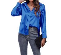 Casual Shirts for Women Satin Shirts for Women Fashionable Satin Silk Shirts with Buttons Vintage Lapels Long Sleeves Loose Street Shirts for Women Elegant Business Party ( Color : Dark Blue , Size :