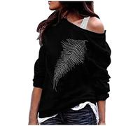 Casual Shirts for Women The-Shoulder Diamond-Studed Leaf Printed Top Long Sleeve Cotton Soft T-Shirt White Top Women's Sexy, black, L