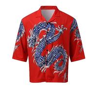 Casual Shirts Men Shortsleeves Dragon Print Shirt Button Down Trun Down Blouses Plain Lightweight Tshirts Comfort Breathable Strech Shiteshirts Chinese Style Summer Tops for Holiday S-3Xl Red