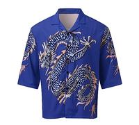 Casual Shirts Men Shortsleeves Dragon Print Shirt Button Down Trun Down Blouses Plain Lightweight Tshirts Chinese Style Summer Tops Comfort Breathable Strech Shiteshirts for Holiday S-3Xl Blue