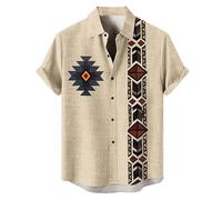 Casual Shirts Men's African Dashiki Shirt Retro Western Cowboy Print Shirt Summer Loose Short Sleeve T-Shirt Ethnic Style Casual Button Down Hawaiian Shirts Lapel Beach Blouse Top, O khaki., L