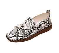 Casual Shoes Women's Low Top Snake Pattern Loafers Made of Leather Elegant Women Single Shoes with Fringe Flat Soft Sole Boat Shoes Plain Low Shoes Comfort Slip Walking Shoes, beige, 8 UK
