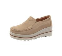 Casual Shoes Women's Platform Slip-On Shoes Women's Thick Sole Loafer Elegant Low Shoes Suede Platform Shoes Comfortable Slip On Walking Shoes Wedge Heel Moccasins Soft Sole Winter Shoes, beige, 7 UK