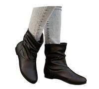 Casual Short Boots Women PU Leather Booties Retro Western Cowboy Boots Pleated Booties With Low Heels 2025 Women Large Size Slip-on Ankle Shoes(Black,6.5 UK)