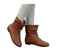 Casual Short Boots Women PU Leather Booties Retro Western Cowboy Boots Pleated Booties With Low Heels 2025 Women Large Size Slip-on Ankle Shoes(Brown,4 UK)