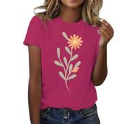 Casual Short Sleeve T Shirts Womens Tops Basic Tee Women's Floral Print 2D Round Neck T Shirt for Spring and Summer Fashion Soft and Casual Top Color Tunic Top (Hot Pink, M)