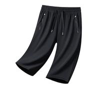Casual Shorts Womens Elastic Waist Ice Silk Summer Shorts Solid Colour Drawstring Knee Length Short with Zip Pockets Bermuda Pants Loose Wide Leg Short Lightweight Beach Pants for Daily Travel Black