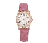 Casual Simple Fashion Women's Alloy Case Round Diamond Colorful Dial Digital Analog Quartz Watch with Comfortable Leather Strap, pink, Strap