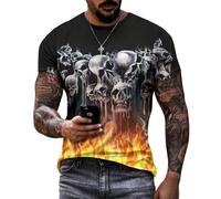 Casual Skull T-Shirts for Men Spooky Halloween Skeleton Tees Vintage Crew Neck T-Shirt Gothic Basic Top Summer Flame Skull XL