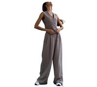 Casual Sleeveless Suit Set Office Lady Spring Summer Elegant Slim V-Neck Blazer Tops Pants Two Piece Set Women Outfit for Women to Wear in Summer(Grey,L)