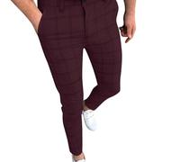 Casual Slim Fit Pants with Check Pattern and Zipper - Fashion Long Pants for Everyday and Stylish Outfits.Modern and Comfortable Design, Wine Red, 3XL