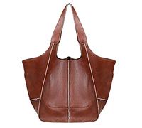 Casual Soft Large Capacity Tote Women Handbags Designer Metal Look Luxury Faux Leather Shoulder Bag Big Shopper Purses, Brown, L