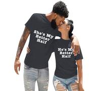Casual Solid Color Clothes Interesting English Letter Print Round Neck Short Sleeve Clothes for Lovers Boy She Is My Better Blouse Black with White Dots, gray, M