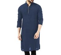 Casual Solid Jubba for Men, Abaya Thobe Moroccan Thobe Muslim Dress Summer Beach Shirt Ethnic Kaftan Robes Buttons Placket Long Sleeve Thobe Medieval Tunic Muslim Clothing Arabian Costume Navy