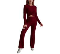 Casual Solid Two Piece Knotted Front Short Sleeve Top and Slim Fit Trousers Outfit Red
