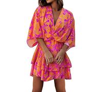 Casual Striped Dresses for Women Womens Short A Line Flare Dress Knot Front Short Sleeve Tiered Ruffle Swing Color Printed Mini Dresses Button Front Dress Yellow