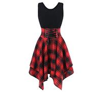 Casual Summer Dresses for Women Fashion Women Sleeveless Cold Shoulder Up Plaid Print Irregular Dress Ladies Summer Dresses (Red, XXL)