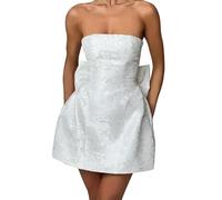 Casual Summer Dresses for Women Satin Strapless Homecoming Dresses for Teens Embroidery Short Party Dresses with Bow White Dress for Women (White, M)