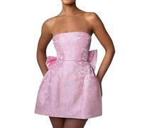 Casual Summer Dresses for Women Satin Strapless Homecoming Dresses for Teens Embroidery Short Party Dresses with Bow White Dress for Women (Pink, S)