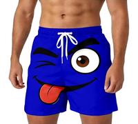 Casual Summer Shorts Funny Cartoon Face Print Comfortable Elastic Waist Breathable Outdoor Pants, darkblue, XL