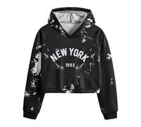 Casual Sun and Moon Print Hoodie Long Sleeve Crop Top Sweatshirt Black