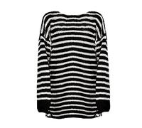Casual Sweater Tops for Women Trendy Tops Women's Autumn and Winter Casual Loose Fitting Long Sleeved Round Neck Mid Length with Split Solid Color Stripe Sweater Rib Collar Tunic Sweater (Black, M)