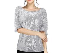 Casual T Shirt for Women Party Top Tops Women Shirt Crop Coctail Women's Blouse Working Woman Shirts (Silver, S)