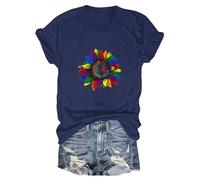 Casual T Shirt Tops for Women 2024 Fashion Tops Women's Rainbow Sunflower Print Casual Summer Short Sleeve Crew Neck Tee Blank Women (Navy, XXXL)