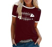 Casual T Shirt Tops for Women Girl 2024 Print Short Sleeve Contrasting Colors T Shirt Top Shirts for Women Long Sleeve (Wine, M)