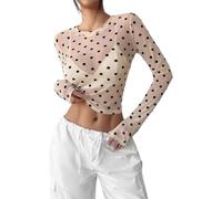 Casual T-Shirt with Transparent Polka Dot Mesh for Women for Spring Summer Summer Top, beige, XL