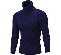 Casual Twisted Thermal Solid Pullover for Men Slim Fit Turtleneck Sweater Cable Knit Thick Base Shirt Jumper Top (Blue,M)