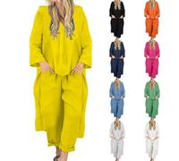 Casual Two Pieces Suit With Long Top & Matching Trouser Womens Oversized Lounge Wear Sets Cotton Linen Ladies Tracksuit Set 2 Piece Summer Outfits Co Ord Set Fitness Sets For Women