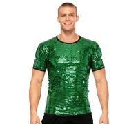 Casual UK Mens Sequin Tee Shirts, Sparkly Short Sleeve Crew Neck Button Shirt, Relaxed Fit Smooth Soft Outwear, Disco Party Costume for Spring Summer Carnival Gift Casual Wear (Green, L)