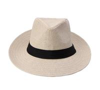 Casual Unisex Beach Trilby Large Brim Jazz Sun Hat Paper Straw Women Men Cap with Black Ribbon for Travel(Beige)