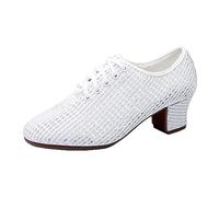 Casual Women Mesh Shoes Soft Sole Solid Color Non-Slip Square Heels Lace Up Round Toe Breathable Dance Shoes, White, 5 UK