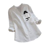 Casual Women's Blouse Printed Cat Sleeve Cotton Linen Button Blouse Button Down Collar Long Sleeve Down Tops Shirt Women Tops Casual Breathable Modern Design Style, White, XXL