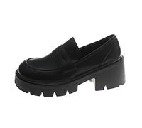 Casual Women's Faux Leather Solid Colour Thick Sole Square Heels Slip On Lazy People Round Toe Shoes, black, 5 UK
