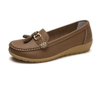 Casual Women's Loafers Flat Metal Buckle Comfortable Lightweight for Womens Leather Slip-on Outdoor Driving Moccasion Boat Shoes Dark Heels Khaki