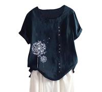 Casual Women's T-Shirt Blouse with Loose Buttons Linen in Plus Size for Everyday Use in Boho Style Love Compatible with Power Sexy, darkblue, 5XL