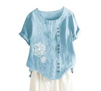 Casual Women's T-Shirt Blouse with Loose Buttons Linen in Plus Size for Everyday Use in Boho Style Love Compatible with Power Sexy, blue, 3XL