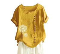 Casual Women's T-Shirt Blouse with Loose Buttons Linen in Plus Size for Everyday Use in Boho Style Love Compatible with Power Sexy, yellow, M