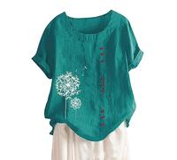 Casual Women's T-Shirt Blouse with Loose Buttons Linen in Plus Size for Everyday Use in Boho Style Love Compatible with Power Sexy, Green, M