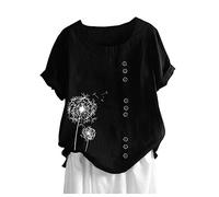 Casual Women's T-Shirt Blouse with Loose Buttons Linen in Plus Size for Everyday Use in Boho Style Love Compatible with Power Sexy, black, L