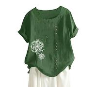 Casual Women's T-Shirt Blouse with Loose Buttons Linen in Plus Size for Everyday Use in Boho Style Love Compatible with Power Sexy, Army Green, 4XL