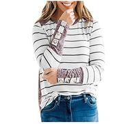 Casual Women's Tops Round Neck Striped Long Sleeve Blouses Leopard Stitched Chest Cuffs Long Sleeve Blouses Top Backless Women, White, M