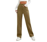 Casual Work Trousers Women High Waist Straight Leg Pants Front Pocket Solid Button Cargo Trousers Slim Fit Casual Pants Sweatpants Dress Trousers Everyday Formal Office Wear Brown L