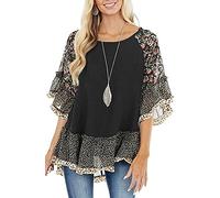 CASURESS Women's Floral Printed Ruffle 3 4 Sleeve Shirt Batwing Loose Tops Blouses Pullover, Black, 3X-Large