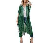 CASURESS Women's Sheer Chiffon Blouse Tops Kimono Cardigan Floral Loose Cover Ups Outwear Plus Size, Green, M